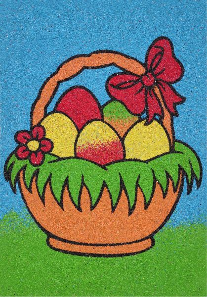 Húsvéti kosár homokkép színes tojásokkal és piros masnival.