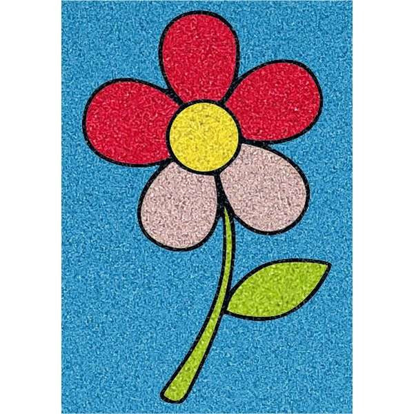 Simple flower sand art with colored petals and blue background.