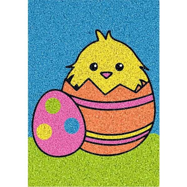 Colorful sand art picture of a chick in an egg, craft kit for kids.
