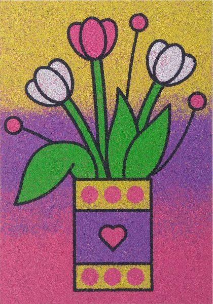 Virágok homokkép színes tulipánokkal, kreatív homokfestés csomag.