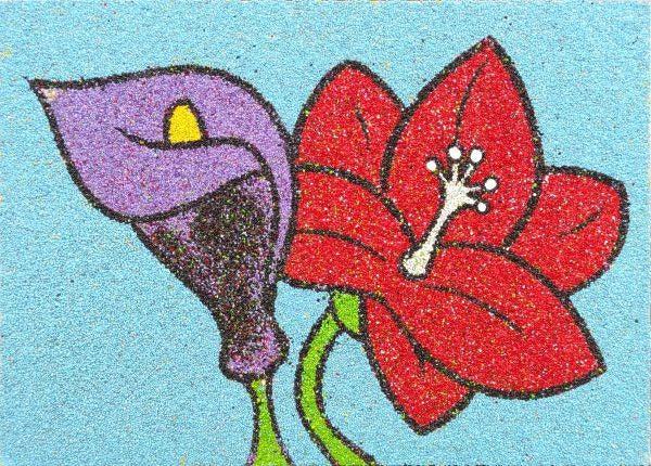 Colorful sand art of purple and red flowers, part of Virágok homokkép csomag.