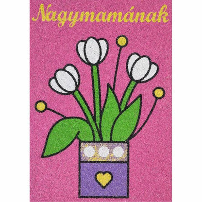 Mother's Day sand art kit with tulip design on pink background.