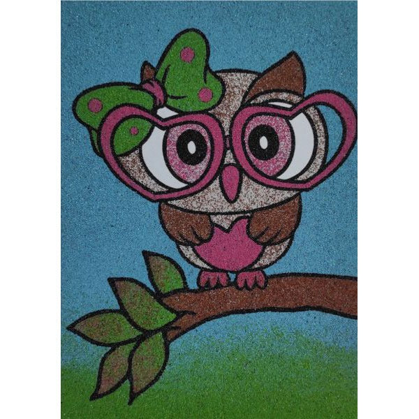 DIY sand art owl with big pink glasses on a tree branch for kids.