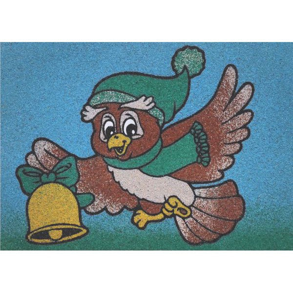 Winter sand art package with owl design and bell in colorful sand.