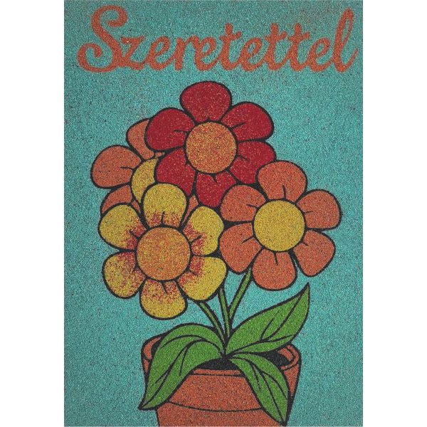 Cserepes margaréta homokkép sablon színes virágokkal és "Szeretettel" felirattal.