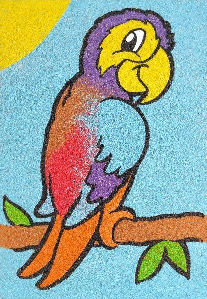 Colorful sand art bird image on a branch from Madarak homokkép csomag.