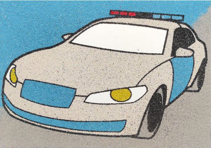 Painting of a car using colored sand from an A4 template kit.