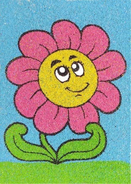 Colorful flower sand art from Virágok homokkép csomag with smiling face on blue background.