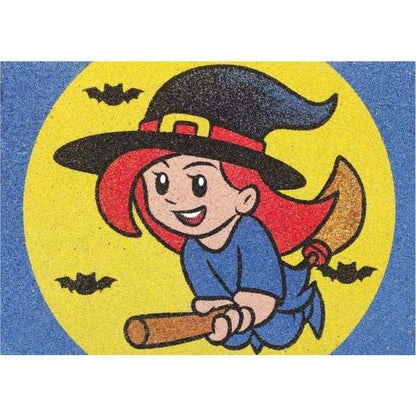 Halloween-themed sand art kit featuring a witch and bats design.