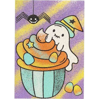Halloween sand art kit with ghost and cupcake design, colorful sand packs included.