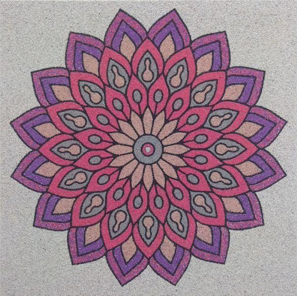 Mandala sand art kit design with intricate colorful patterns.
