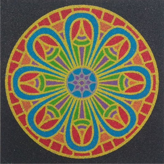 Mandala homokkép csomag, vibrantly colored intricate design using colorful sand on A4 template.