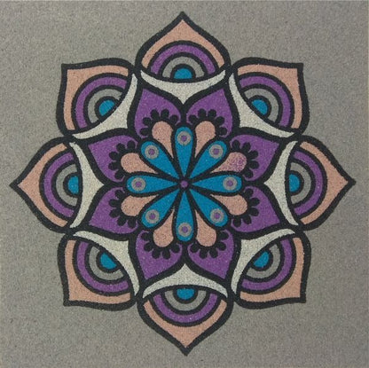 Mandala sand art package with colorful mandala design image.