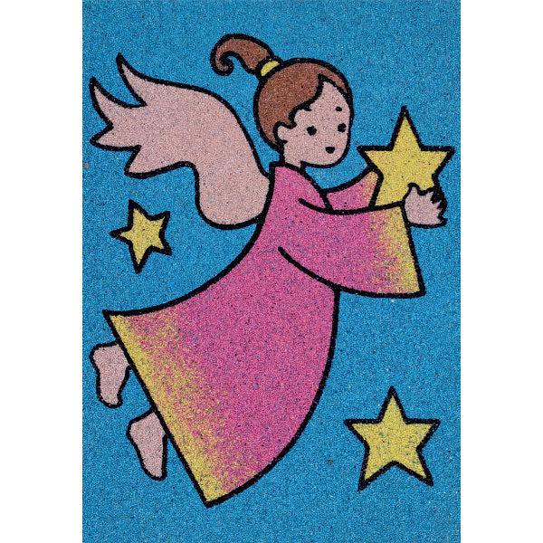 Angel sand art kit with colorful design featuring an angel in a pink dress surrounded by stars on a blue background.