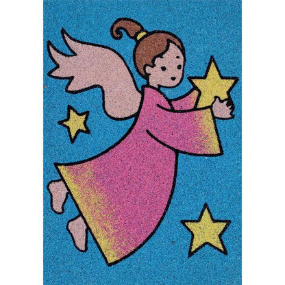 Angel sand art kit with colorful design featuring an angel in a pink dress surrounded by stars on a blue background.