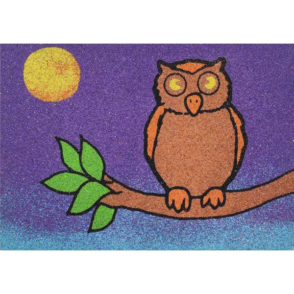Owl sand art picture with colorful background and moon.