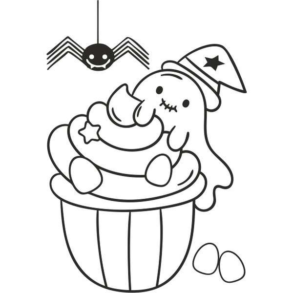 Halloween-themed cupcake coloring page with a cute witch and spider.