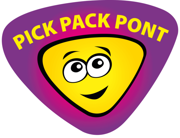 Pick Pack Pont logo with a smiling face and purple background for delivery service.