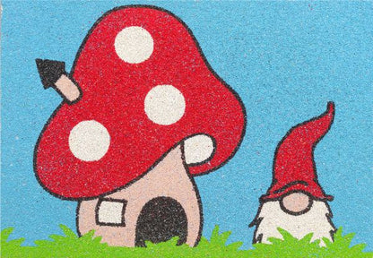 Gombaház manóval homokkép színes sablonnal és manó figurával.