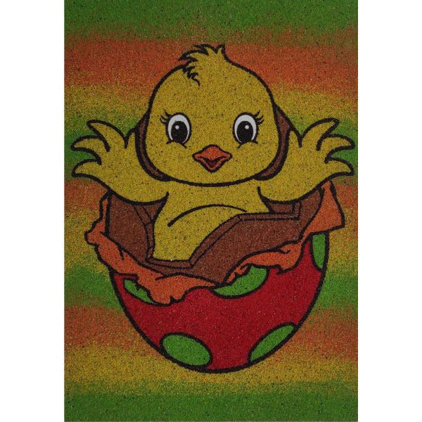 Colorful chick sand art kit featuring a chick emerging from a spotted egg with vibrant background for creative crafting.