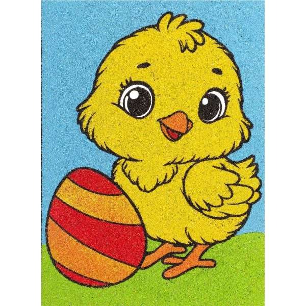 Csibe homokkép készlet színes sablonos homokfestéshez.