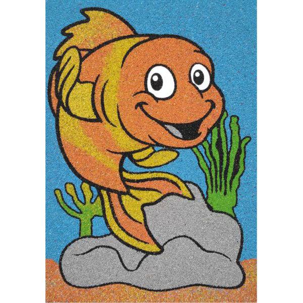 Colorful fish sand art kit with smiling aquatic design, perfect for creative children activities.