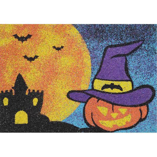 Halloween sand art kit featuring a pumpkin in a witch hat and haunted castle against a starry night.