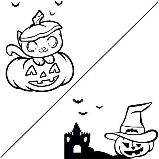 Halloween sand art kit with two stencil designs, featuring a cat in a pumpkin and a jack-o'-lantern with bats and castle silhouette.