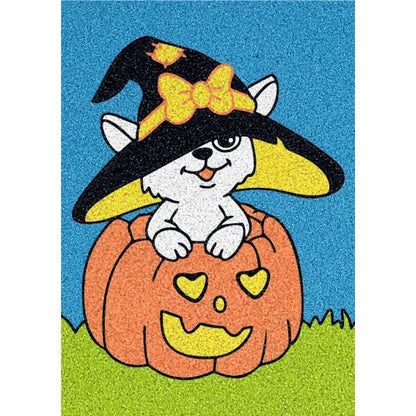 Cat in pumpkin sand art kit with colorful sands and stencil for creative fun.