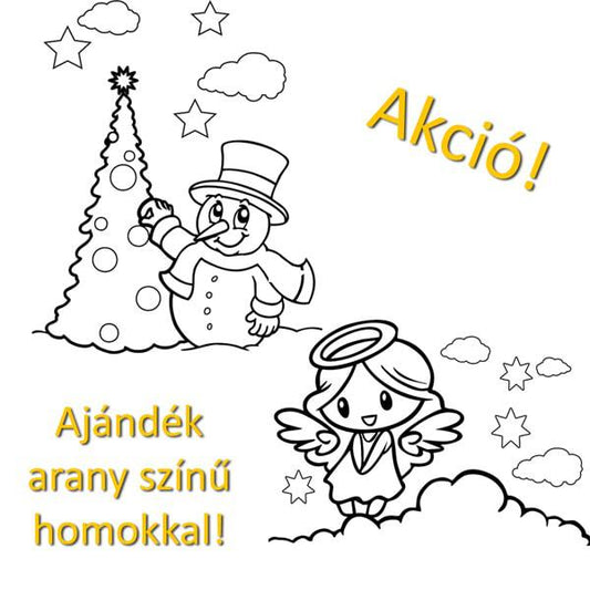 Karácsonyi homokkép csomag promóció, hóember és angyal sablon ajándék arany színű homokkal.