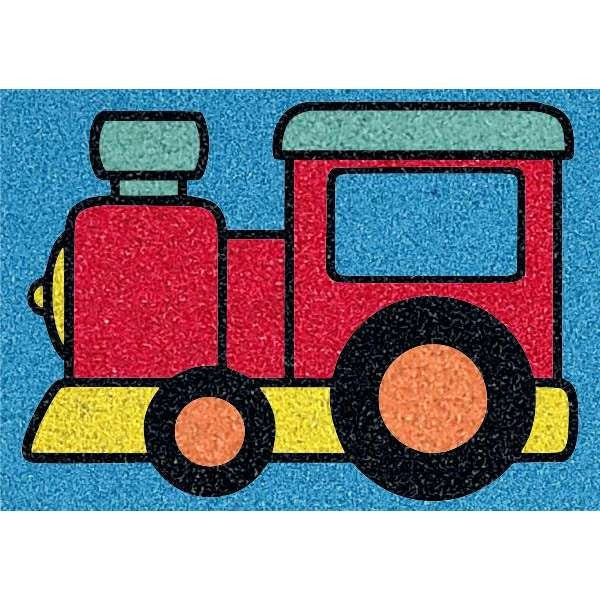 Train sand art kit with colorful sand and template for creative crafting.