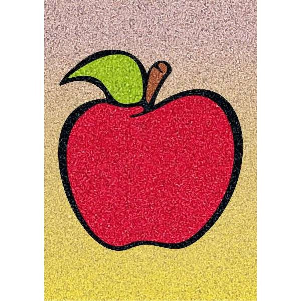Apple sand art image with vibrant colors, featuring a red apple with a green leaf and brown stem.
