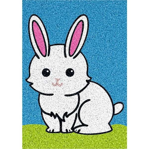 Nyuszkó sand art kit with rabbit template on a colorful background.