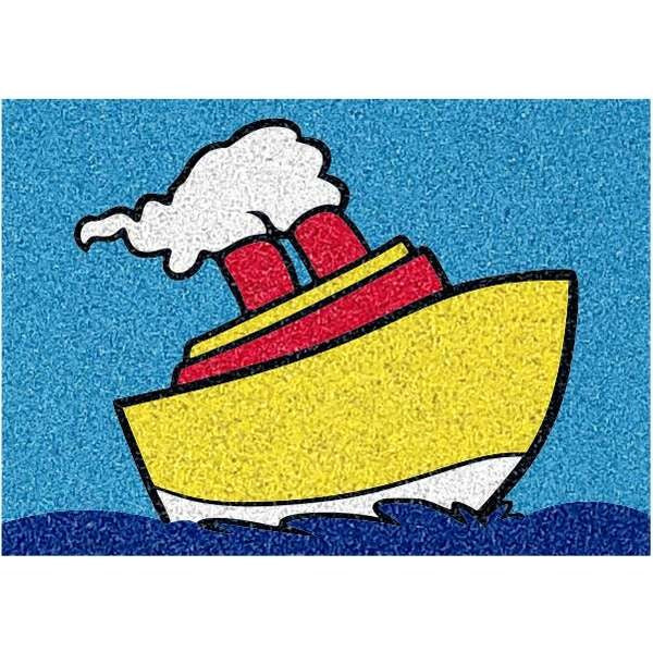 Colorful steamship sand art in progress for creative kids' activity.