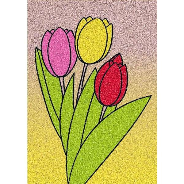 Tulipán csokor homokkép színes homokfestés sablonnal és színes homokkal.