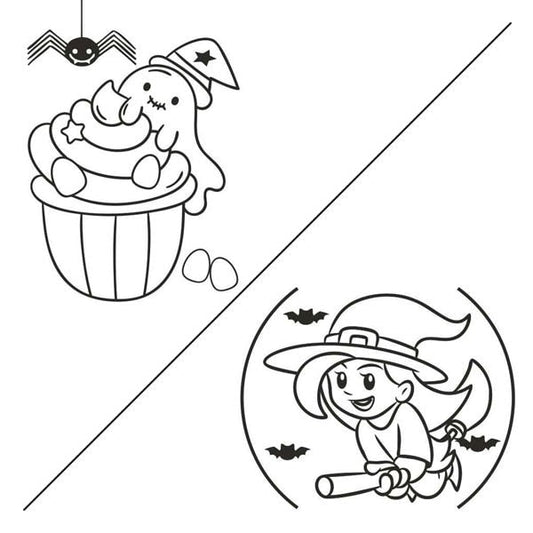 Halloween sand art kit with ghost and witch designs, includes A4 templates and colored sand.
