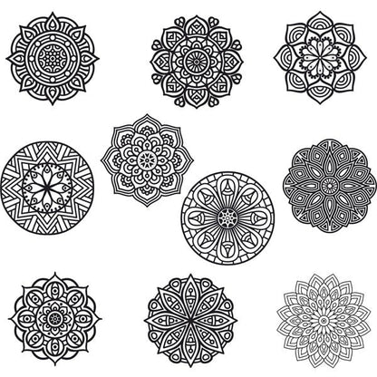 Mandala sand art template package with 10 designs for creative stress relief.