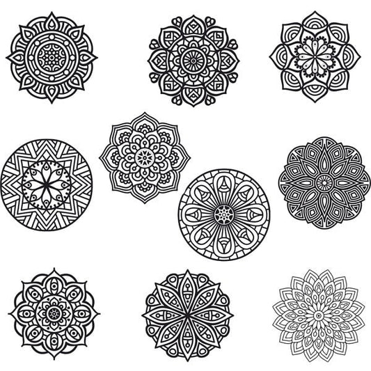 Mandala sand art template package with 10 designs for creative stress relief.