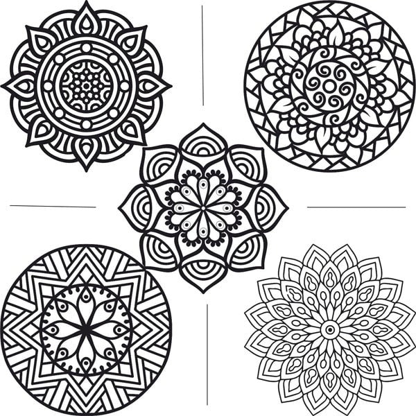 Mandala homokkép csomag öt fekete-fehér A4-es sablonképpel.