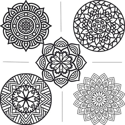 Mandala homokkép csomag öt fekete-fehér A4-es sablonképpel.