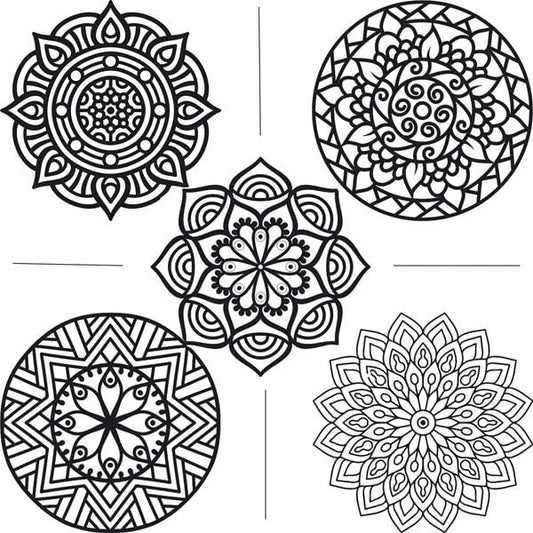 Mandala homokkép csomag öt fekete-fehér A4-es sablonképpel.