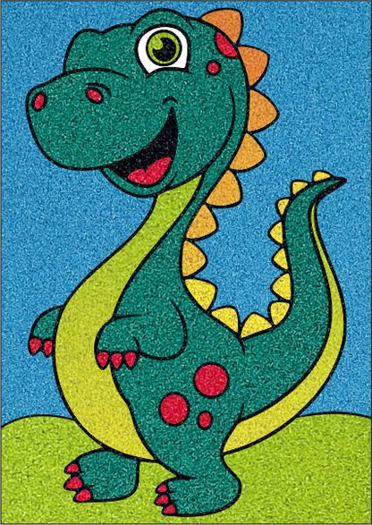 Kis T-Rex homokfestés sablon gyerekeknek, színes dinoszaurusz minta.