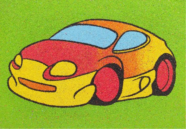 Colorful sand art car on green background from the Kocsi homokkép kit.