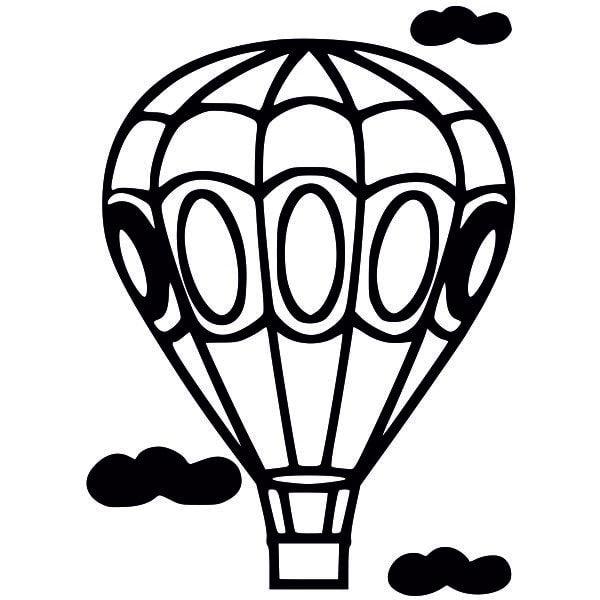 Hot air balloon sand art template with black outlines and clouds.
