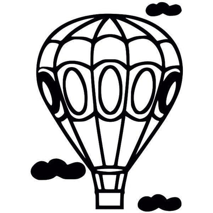 Hot air balloon sand art template with black outlines and clouds.