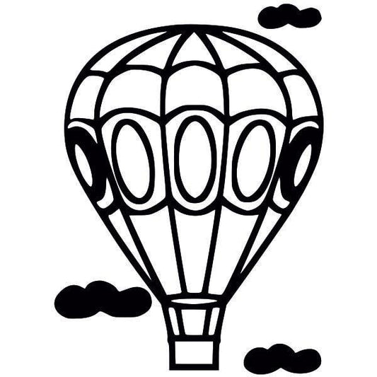 Hot air balloon sand art template with black outlines and clouds.