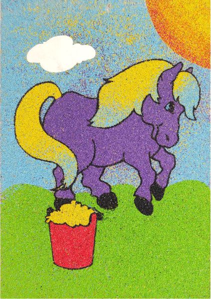 Colorful sand art of a horse with a bucket scene for creative kids' activity.
