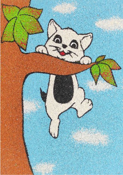 Cat on tree sand painting kit with stencil and colorful sand for creative art activity.