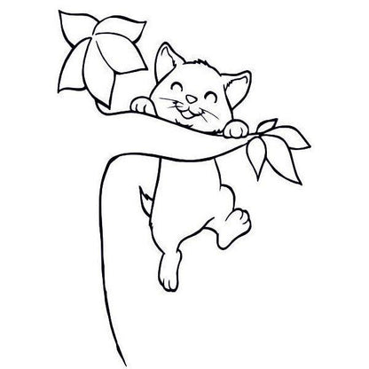 Cat hanging on a tree branch coloring stencil for sand art project.
