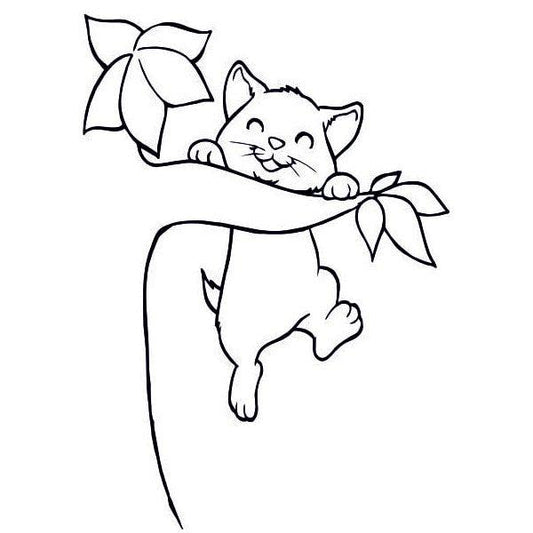 Cat hanging on a tree branch coloring stencil for sand art project.